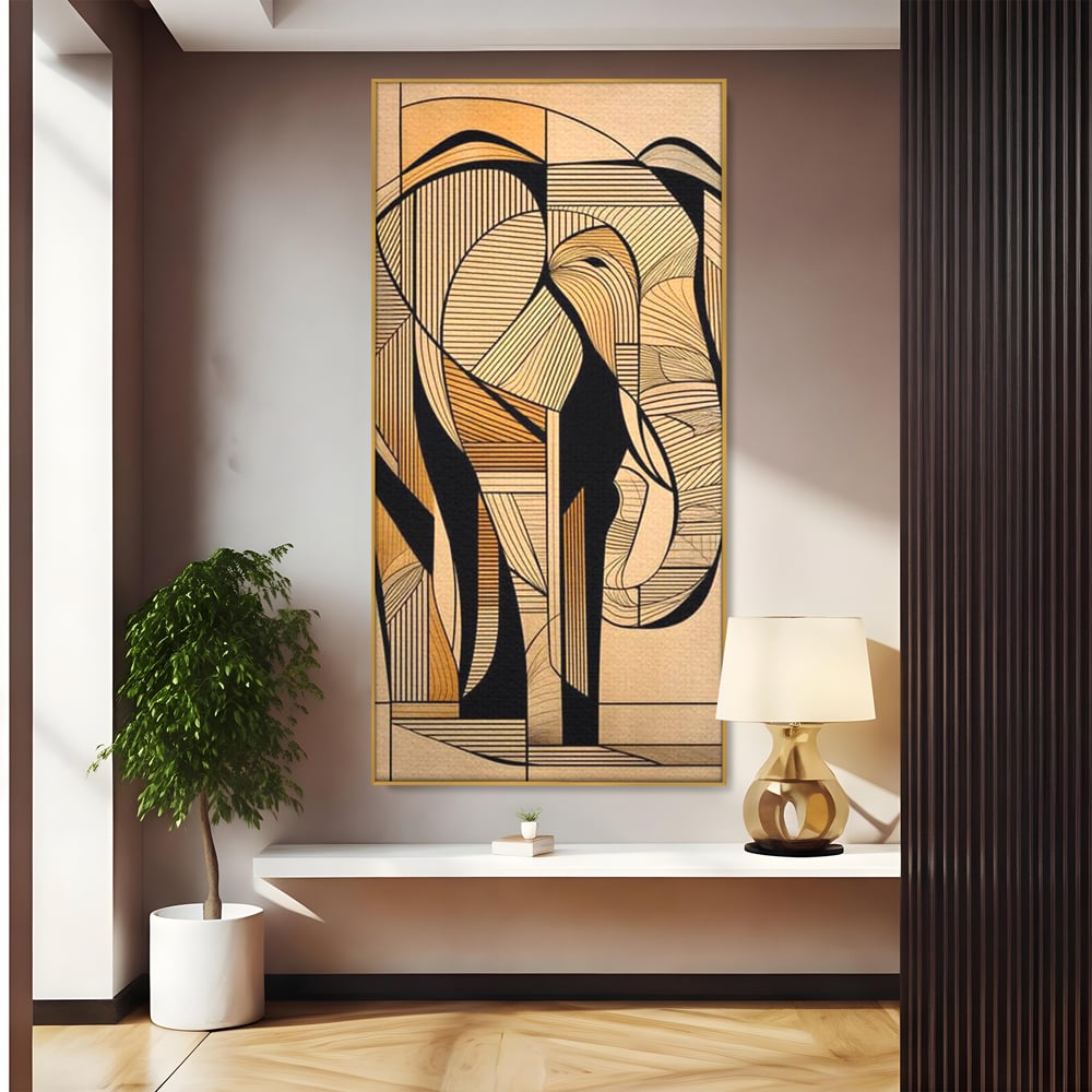 Tablou canvas cu tablou canvas cu elefant geometric, in rama de aluminiu auriu
